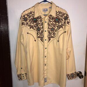 Panhandle Slim Retro Western Shirt Pearl Snap Turquoise Rhinestone Cowboy, Size